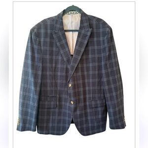 JKT New York Blue Windowpane Checked Cotton Seersucker Blazer Size 46R